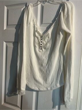 Free People Ivory Ribbed Lace-Trim Henley Long Sleeve Top